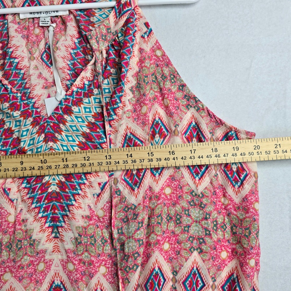 Rose Olive Boho Tribal Print Halter Neck Smocked Waist Tassel Top Womens L boho‎ - Picture 5 of 10